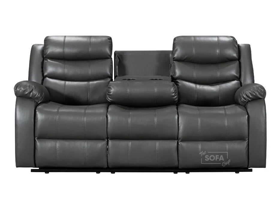 3 Seater Recliner Sofa in Dark Grey Leather with Drop-Down Table & Cup Holders | Sortino | Free Assembly Included