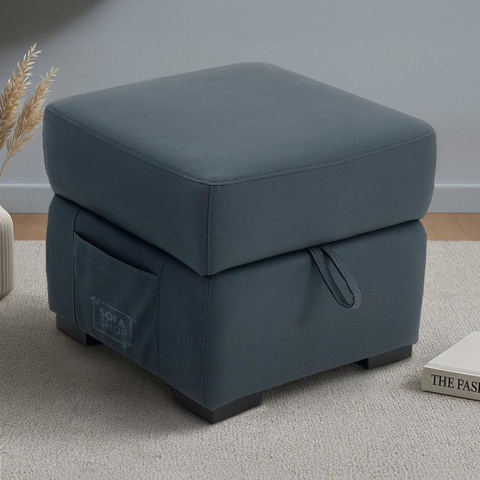 Blue Real Leather Footstool | Storage Ottoman for Sofa - Square