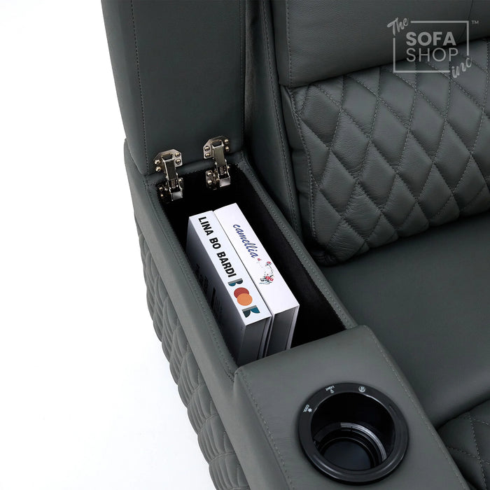 1 Seat Real Leather Electric Recliner Home Cinema Chair in Grey With Massage + Low Heated Lumbar + Cup Holders + Storage Compartments | Assisi