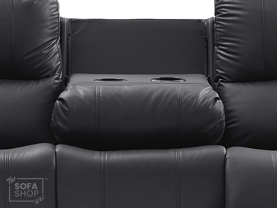 3+1 Recliner Sofa Set inc. Chair in Black Leather with Drop-Down Table & Cup Holders - 2 Piece Trento Sofa Set