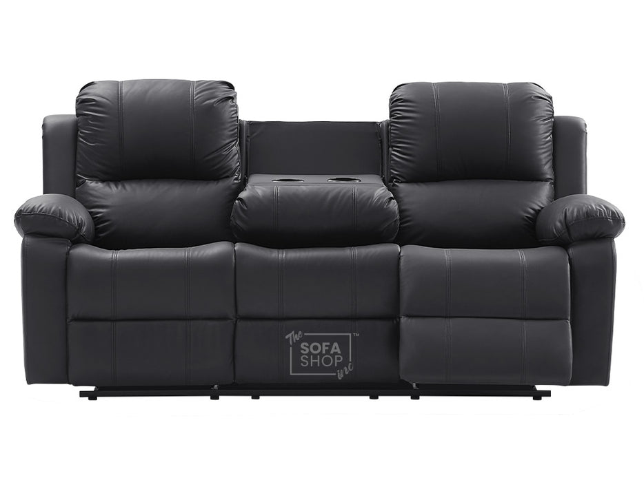 3+1 Recliner Sofa Set inc. Chair in Black Leather with Drop-Down Table & Cup Holders - 2 Piece Trento Sofa Set