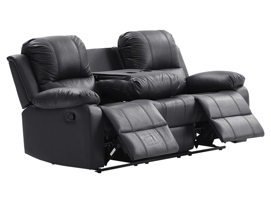 3 2 1 Recliner Sofa Set. 3 Piece Recliner Sofa Package Suite in Black Leather with Drop-Down Table & Drink Holders- Trento