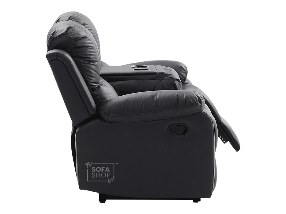 3 2 1 Recliner Sofa Set. 3 Piece Recliner Sofa Package Suite in Black Leather with Drop-Down Table & Drink Holders- Trento