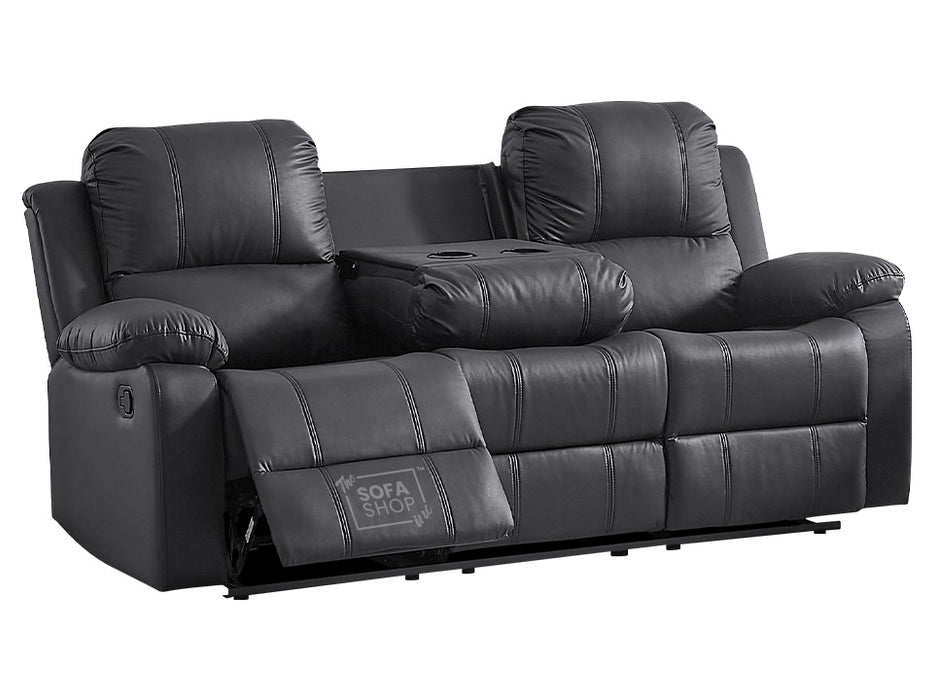 3 2 1 Recliner Sofa Set. 3 Piece Recliner Sofa Package Suite in Black Leather with Drop-Down Table & Drink Holders- Trento