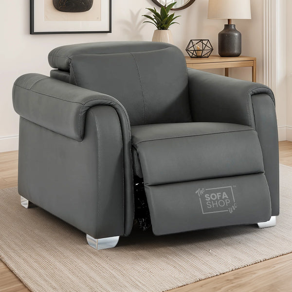 1 Seat Real Leather Electric Recliner Chair In Grey | Hi-Tech Chair with Power + Massage + USB + Adjustable Headrest | Turin Series Two
