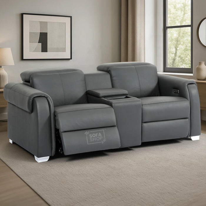 2 Seater Real Leather Electric Recliner Sofa | Cinema Sofa | Hi-Tech Sofa in Grey with Massage, Middle Console, Wireless Charging, Adjustable Headrests & USB | Turin