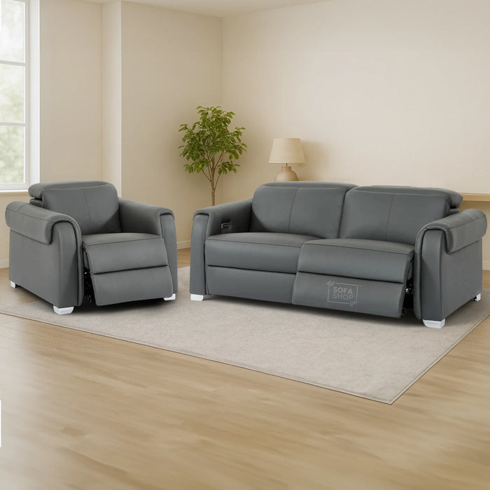 3+1 Real Leather Recliner Electric Sofa Set in Grey | Hi-Tech Sofa Set with Massage, USB Ports & Power Headrests | Turin