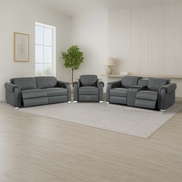 3+2+1 Electric Recliner Couch Set | 3 Piece Reclining Lounge Suite in Grey Real Leather with Massage, Console, Wireless Charging, USB Ports & Power Headrests | Turin | The Sofa Shop