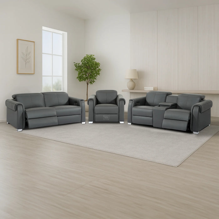 3+2+1 Electric Recliner Couch Set | 3 Piece Reclining Lounge Suite in Grey Real Leather with Massage, Console, Wireless Charging, USB Ports & Power Headrests | Turin | The Sofa Shop