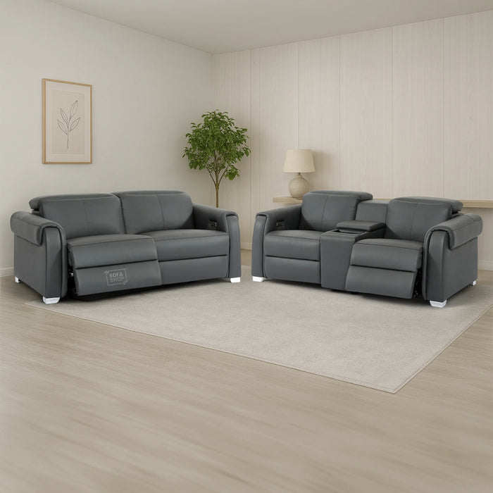 3+2 Real Leather Electric Recliner Sofa Set In Grey | Hi-Tech Sofa Set with Massage, Console, USB Ports, Power Headrest, Wireless Charger & Storage Box | Turin