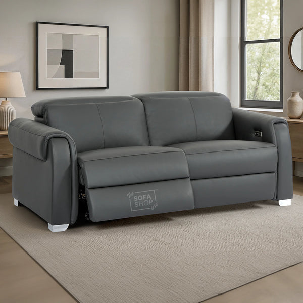 3 Seater Real Leather Recliner Sofa In Grey | Hi-Tech Sofa with Massage, USB Ports & Power Headrest | Turin