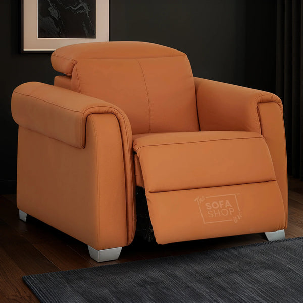 Real Leather Electric Recliner Chair In Orange | Hi-Tech Chair with Massage, Power Headrest + USB Charging Ports | Turin