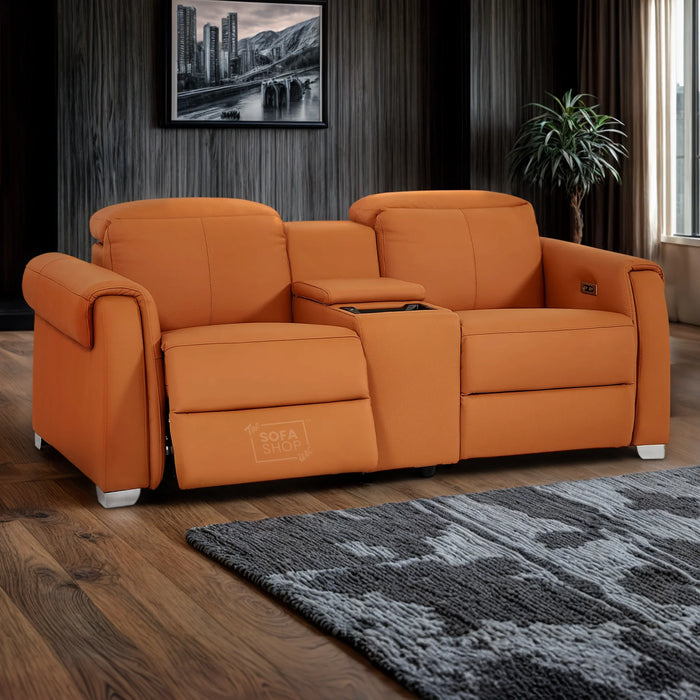 2 Seater Real Leather Electric Recliner Sofa | Cinema Sofa | Hi-Tech Sofa in Orange with Massage, Middle Console, Adjustable Headrests & USB | Turin | The Sofa Shop