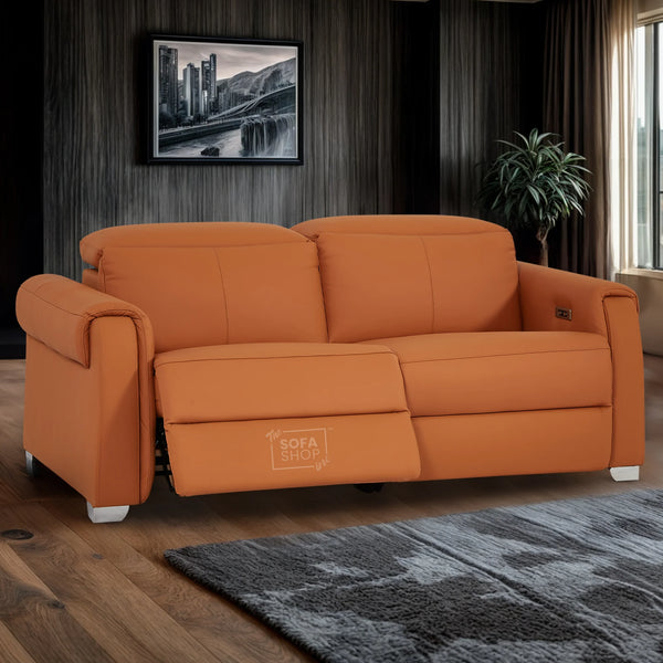 3 Seater Real Leather Recliner Sofa In Orange | Hi-Tech Sofa with Massage, USB Ports & Power Headrest | Turin | The Sofa Shop