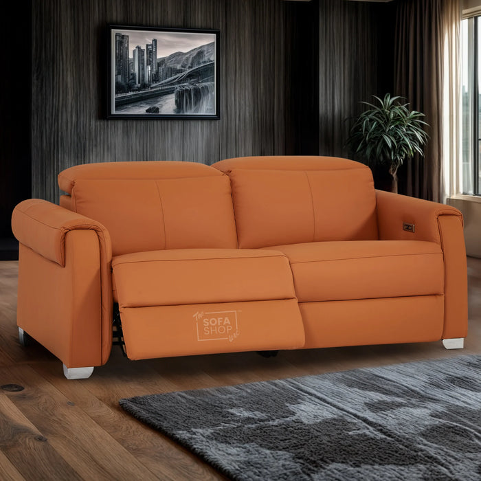 3 Seater Real Leather Recliner Sofa In Orange | Hi-Tech Sofa with Massage, USB Ports & Power Headrest | Turin | The Sofa Shop