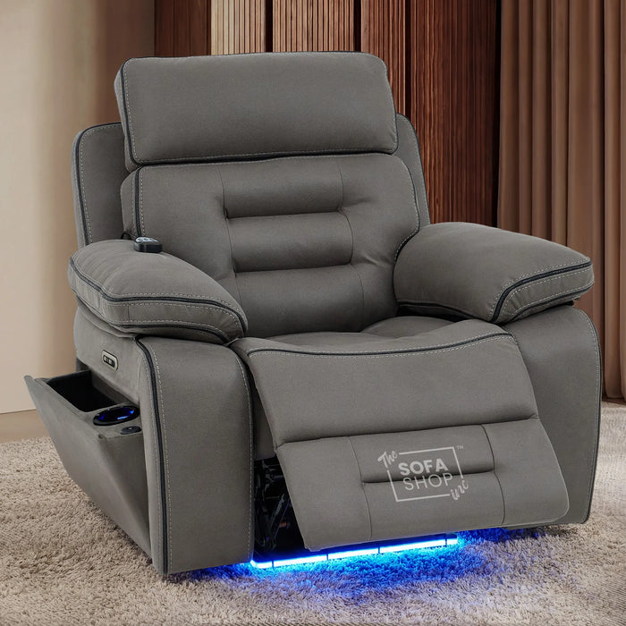 1 Seater Graphite Fabric Electric Recliner Cinema Armchair | 8-Point Massage, Heat, Cooling Cupholder, Power Headrest & Power Grommet | Tuscany | The Sofa Shop