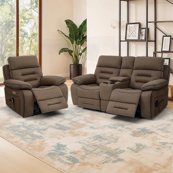 2+1 Electric Recliner Sofa Set | Cinema Sofa Package in Brown Resilience Fabric. 2 Piece Cinema Sofa | Hi-Tech Sofa Set With Massage, LED Cup Holders & USB Ports & Storage | Tuscany