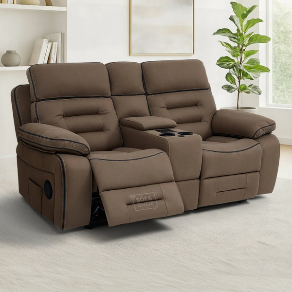 2 Seater Electric Recliner Cinema Sofa in Brown Fabric | Hi-Tech Sofa with USB, Speakers, Power Headrest, Storage Console & Chilled Cup Holders | Tuscany | The Sofa Shop
