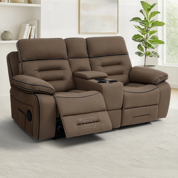 2 Seater Electric Recliner Cinema Sofa in Brown Fabric | Hi-Tech Sofa with USB, Speakers, Power Headrest, Storage Console & Chilled Cup Holders | Tuscany | The Sofa Shop