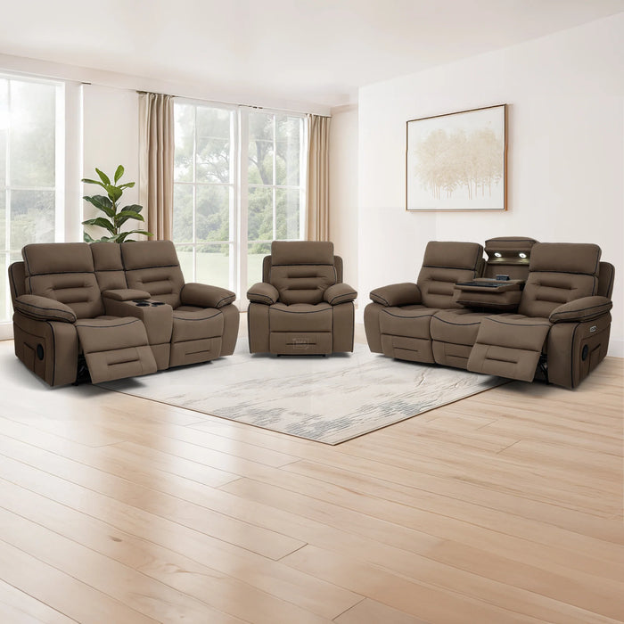 3+2+1 Piece Electric Home Cinema Sofa Set | Fabric Couch Suite Package In Brown | Hi-Tech Sofa Set with Cupholders + Console + Power + Massage + Speakers | Tuscany
