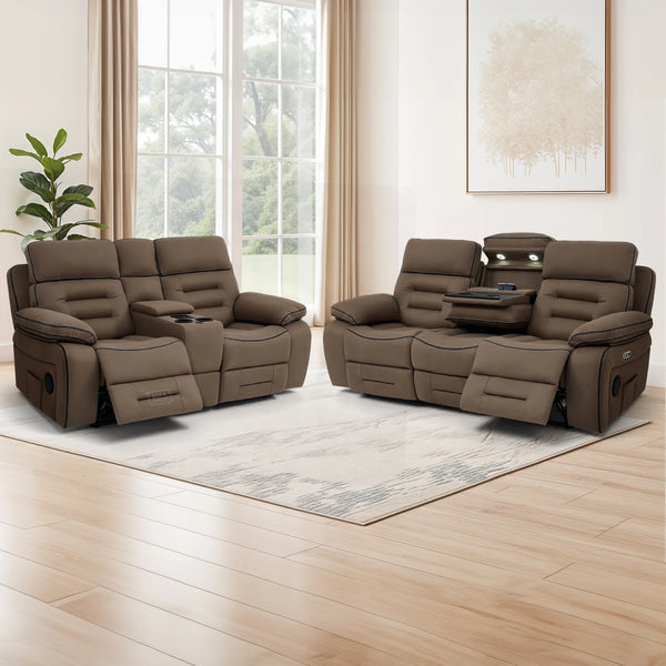 3+2 Sofa Set. Electric Cinema Sofa Suite in Brown Fabric | Hi-Tech Sofa Set with Cup Holders + Console + Power + USB + Speakers | Tuscany | The Sofa Shop