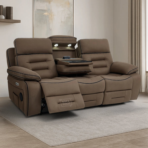3 Seater Electric Recliner Cinema Sofa in Brown Fabric | Hi-Tech Sofa with Cupholders + Console + Table + Power Headrest + USB Ports + Speakers | Tuscany | The Sofa Shop