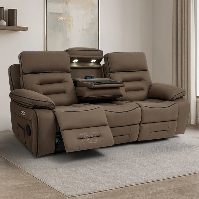 3 Seater Electric Recliner Cinema Sofa in Brown Fabric | Hi-Tech Sofa with Cupholders + Console + Table + Power Headrest + USB Ports + Speakers | Tuscany | The Sofa Shop
