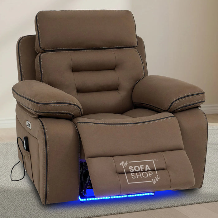Electric Recliner Armchair | Brown Fabric Home Cinema Chair with Massage, Power Recline, LED Lights, USB Port & Adjustable Headrest | Tuscany | The Sofa Shop