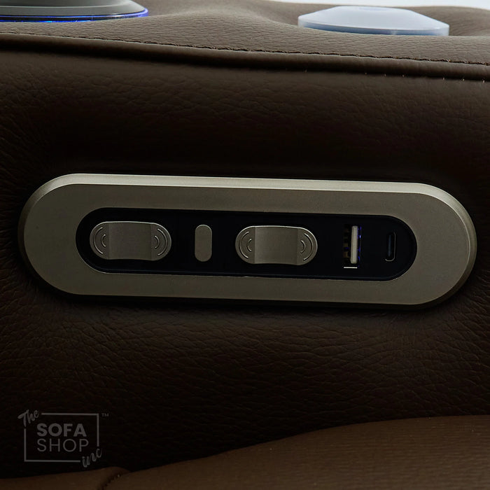 Dark Brown Real Leather 3 Seater Cinema Sofa | Electric Recliner Couch with Massage, Heat, Fold-Down Table & Wireless Charger | Capri | The Sofa Shop