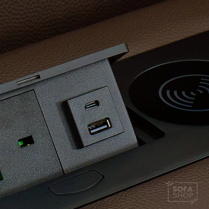 Dark Brown Real Leather 3 Seater Cinema Sofa | Electric Recliner Couch with Massage, Heat, Fold-Down Table & Wireless Charger | Capri | The Sofa Shop