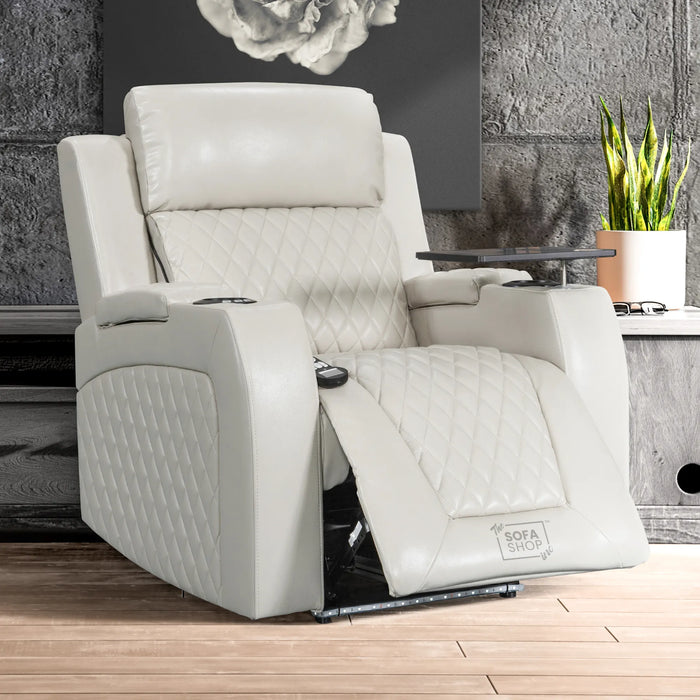 Electric Recliner Chair in Beige Leather | Cinema Seat with USB, Massage, and Chilled Cup Holders | Venice Series One | Sofa Sale