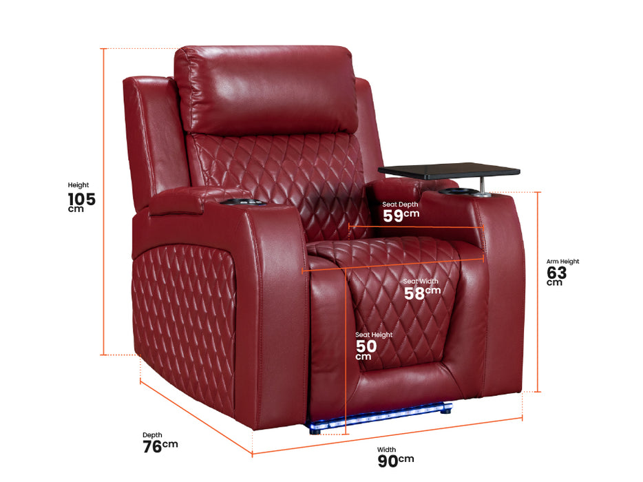 Electric Recliner Chair & Cinema Seat in Red Leather + Massage + Cup Holders + Table - Venice Series One