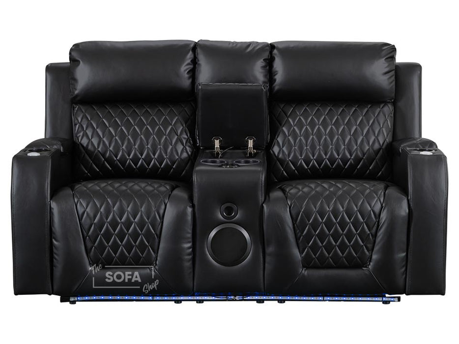 2 Seater Electric Recliner Sofa & Cinema Seats in Black Leather. Smart Cinema Sofa With Power, Massage, Console & Speakers -Venice Series One
