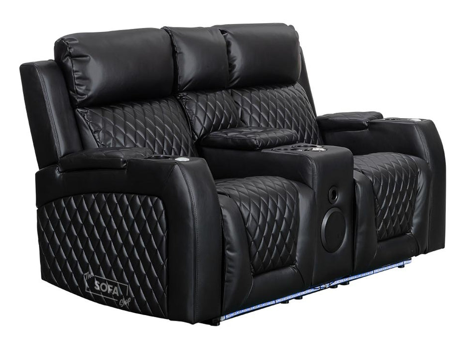 2 Seater Electric Recliner Sofa & Cinema Seats in Black Leather. Smart Cinema Sofa With Power, Massage, Console & Speakers -Venice Series One