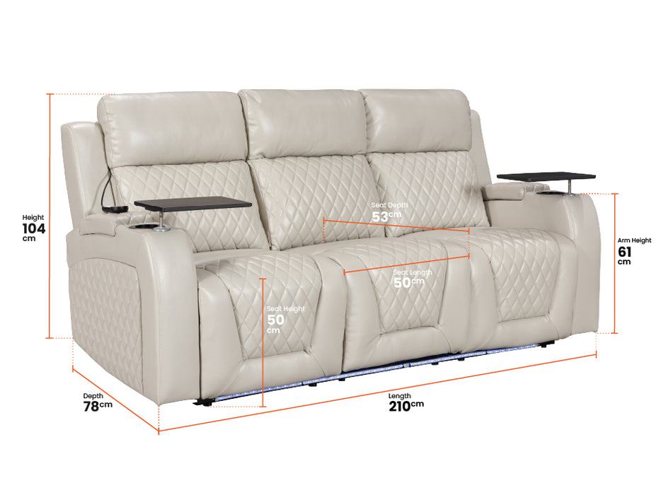 3+3 Smart Electric Recliner Cinema Sofa Set in Cream Leather with Cup Holders, Storage Boxes, and USB Ports - Venice Series Two