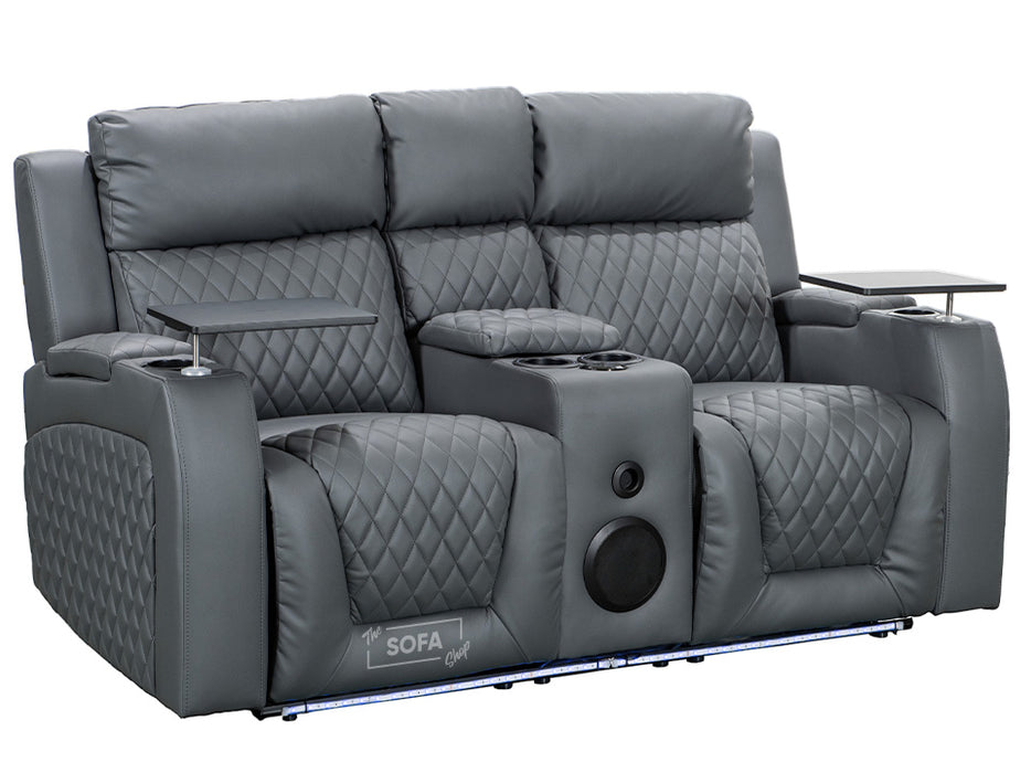 2 1 1 Electric Recliner Sofa Set inc. Cinema Seats in Grey Leather. 3 Piece Cinema Sofa with LED Cup Holders, Storage, Speaker - Venice Series One