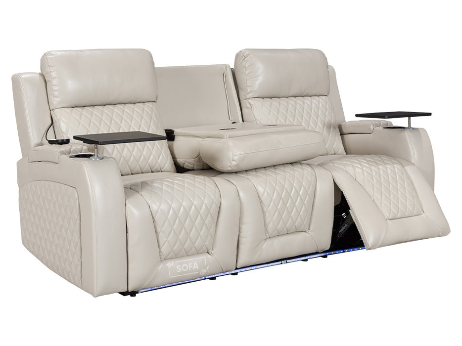 3 Seater Electric Recliner Cinema Sofa in Cream Leather with USB Ports & Cup Holders - Venice Series Two
