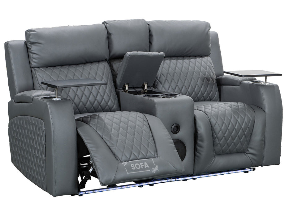 2 1 1 Electric Recliner Sofa Set inc. Cinema Seats in Grey Leather. 3 Piece Cinema Sofa with LED Cup Holders, Storage, Speaker - Venice Series One