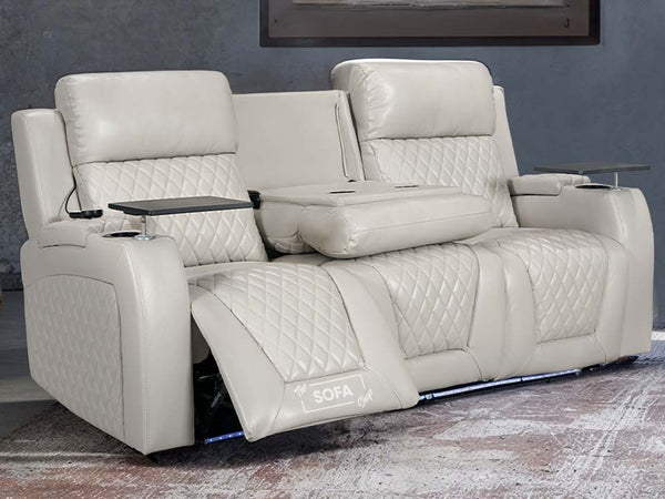 3 Seater Electric Recliner Cinema Sofa in Cream Leather with USB Ports & Cup Holders & Massage - Venice Series Two