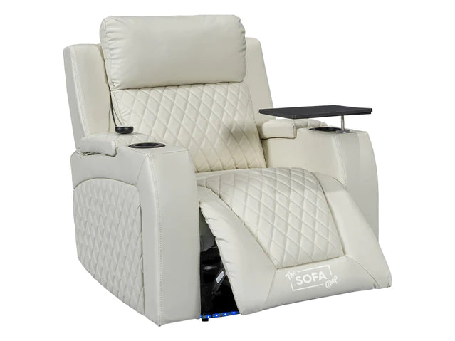 2+1 Electric Recliner Sofa Set inc. Cinema Seat in Cream Leather. 2 Piece Cinema Sofa with USB Ports, Massage & Wireless Charger - Venice Series One