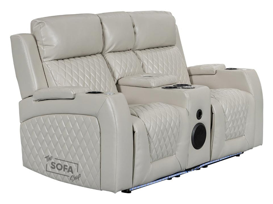 2 Seater Smart Electric Recliner Hi-Tech Cinema Sofa in Cream Leather with USB Ports, Cup Holders, and Speakers - Venice Series One