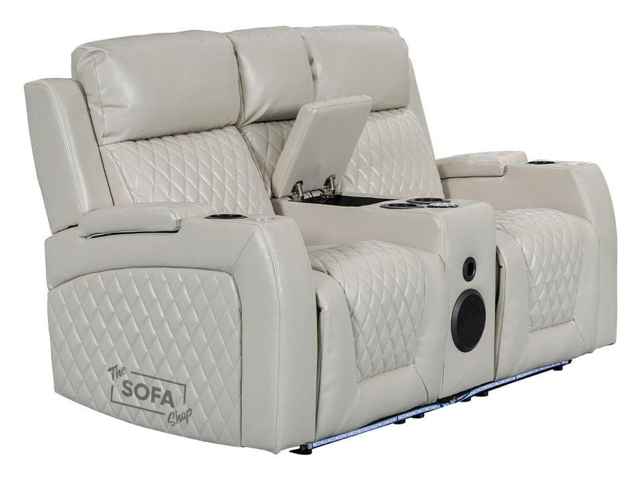 2 Seater Smart Electric Recliner Hi-Tech Cinema Sofa in Cream Leather with USB Ports, Cup Holders, and Speakers - Venice Series One