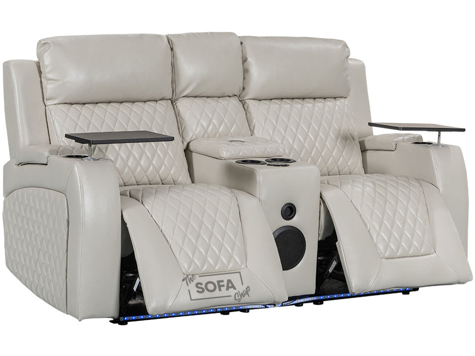 2+2 Set in Cream Leather with Smart Electric Recliner, USB Ports, Cup Holders, and Storage Boxes - Venice Series One