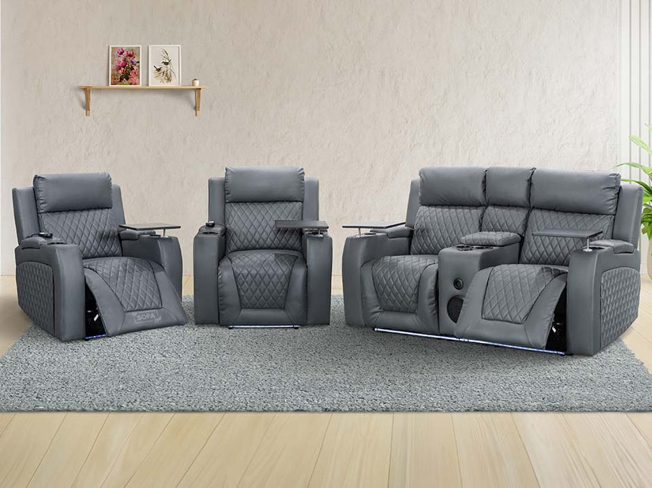 2 1 1 Electric Recliner Sofa Set inc. Cinema Seats in Grey Leather. 3 Piece Cinema Sofa with LED Cup Holders, Storage, Speaker - Venice Series One