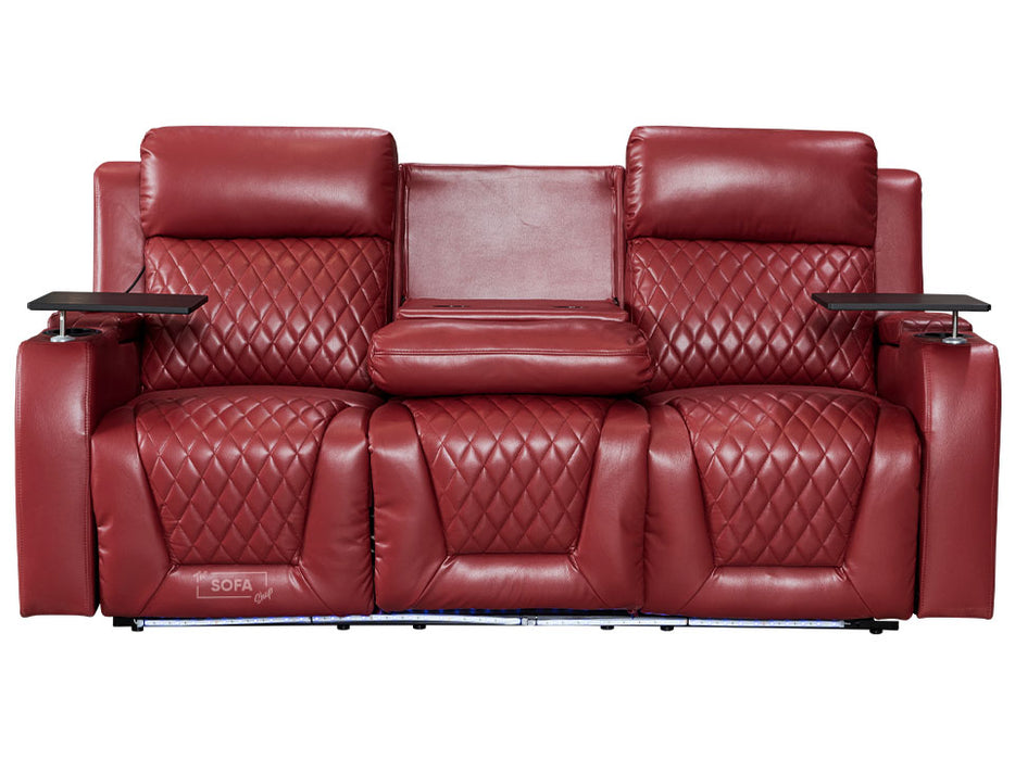 3+3 Cinema Sofa Set - Smart Electric Recliner in Red Leather Aire with USB Ports, Cup Holders, and Drop Down Table - Venice Series Two