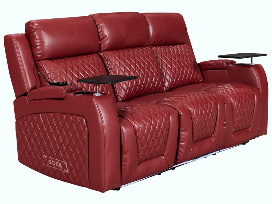 3+3 Cinema Sofa Set - Smart Electric Recliner in Red Leather Aire with USB Ports, Cup Holders, and Drop Down Table - Venice Series Two