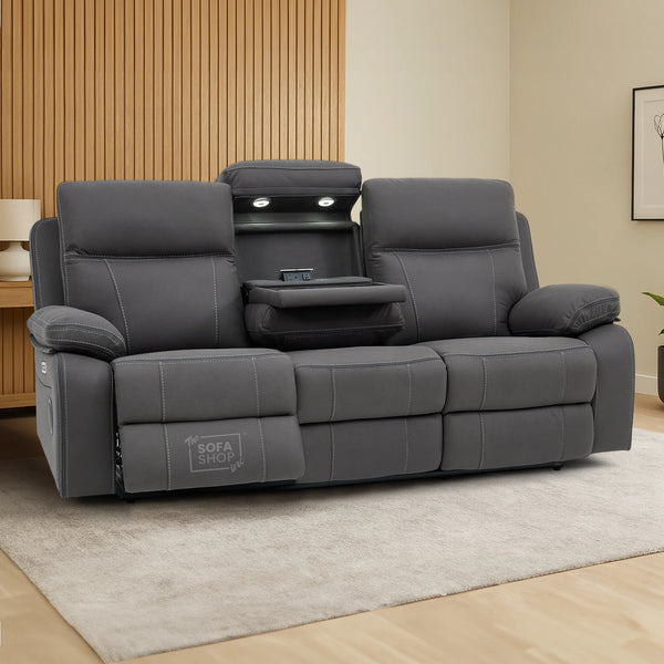3 Seat Electric Recliner Home Cinema Theatre Sofa | Fabric Couch In Grey with Cupholders + Table + USB + Speakers | Vinsonova Series One