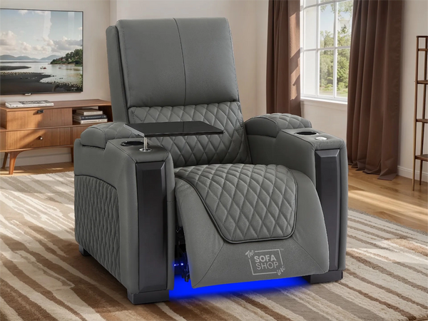 1 Seat Real Leather Electric Recliner Chair Home Cinema Sofa In Grey with Enhanced Power Recline + Storage Compartments & Lumbar Support | Assisi