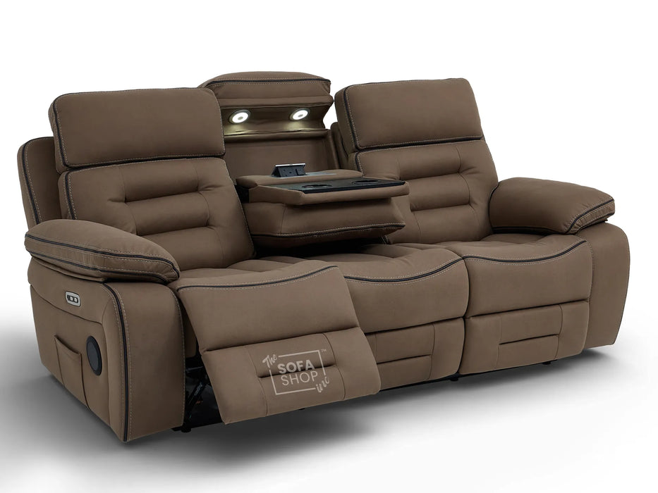 3+2+1 Piece Electric Home Cinema Sofa Set | Fabric Couch Suite Package In Brown | Hi-Tech Sofa Set with Cupholders + Console + Power + Massage + Speakers | Tuscany