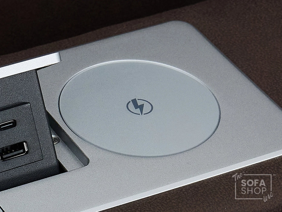 3+2 Electric Recliner Sofa Set in Brown Resillience Fabric | Hi-Tech Cinema Package with Massage, Drop-Down Table, Power Headrest, Power Recliner, Storage Drawer, USB & Wireless Charging | Sicily